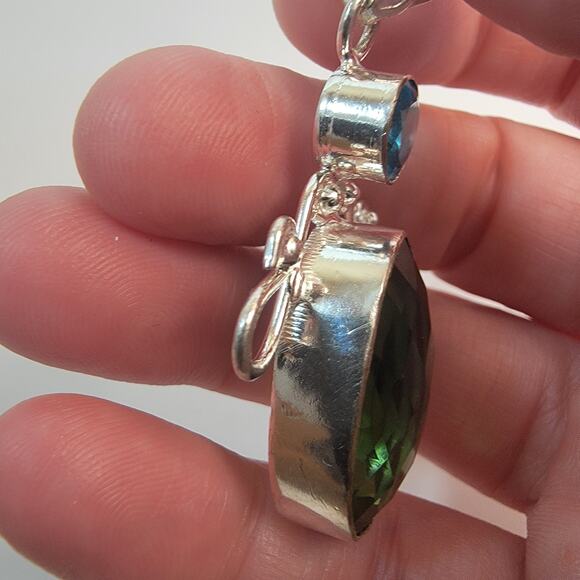 Handmade Sterling Silver Pendant Necklace Showcasing Green Quartz and Blue Topaz - Picture 10 of 10